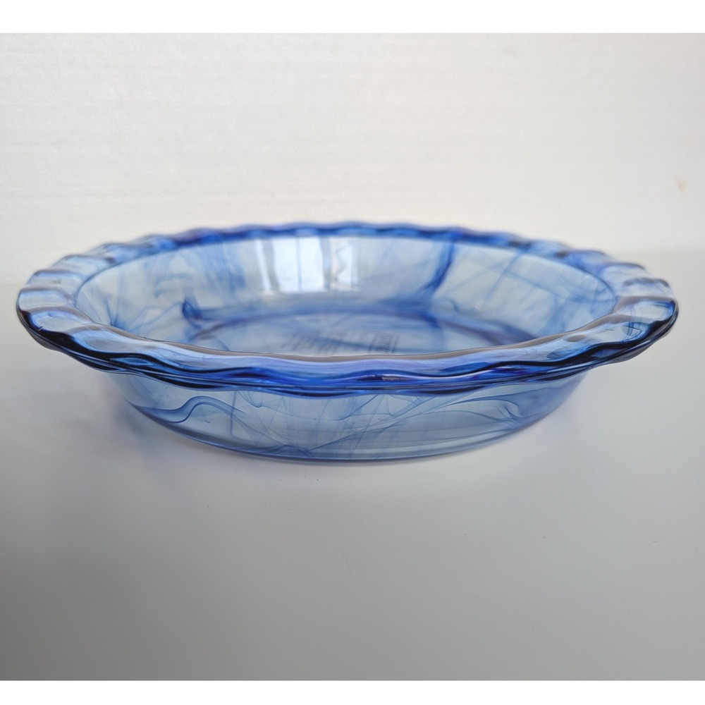 Pyrex 9.5 in Watercolor Blue Lagoon Swirl Glass Pie Plate Fluted Rim Baking Dish